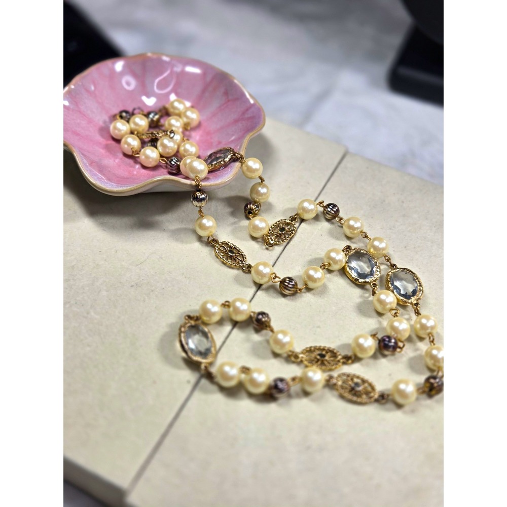 Vintage Carol Dauplaise 36" Necklace Faux Pearl Crystal Gold Tone Filigree